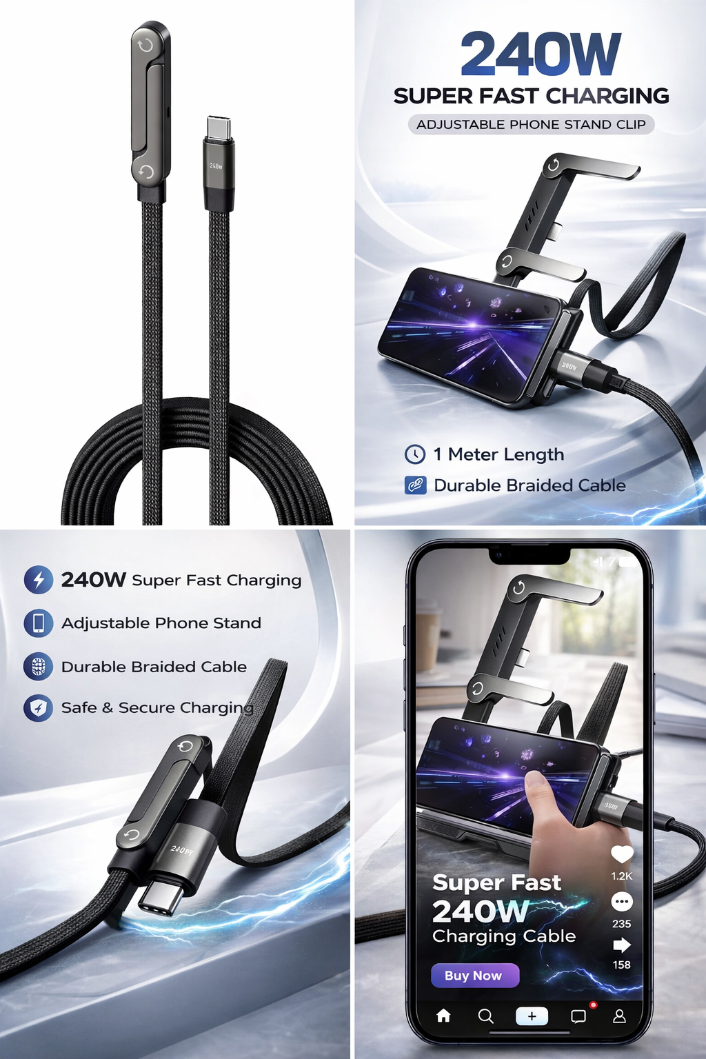 tryVexo™ 240W 2 in 1 USB C Fast Charging Foldable Bracket Data Cable Type C Desktop Holder Charging Wire for Iphone, Samsung